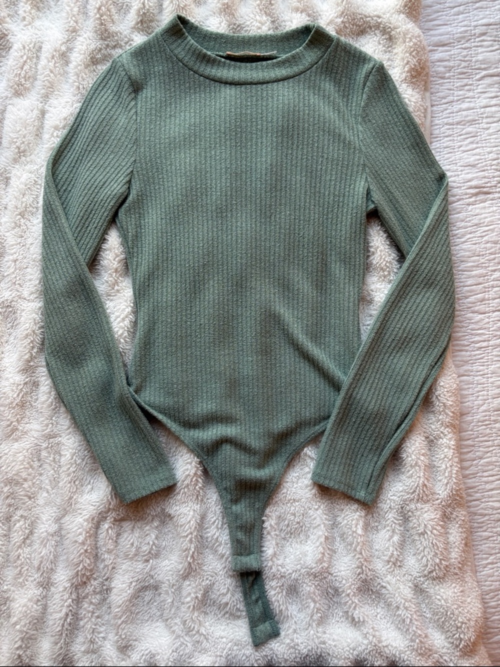 Francesca's Collections Sage Green Ribbed Long-Sleeve Bodysuit